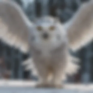 Snowy owl perched with wings extended