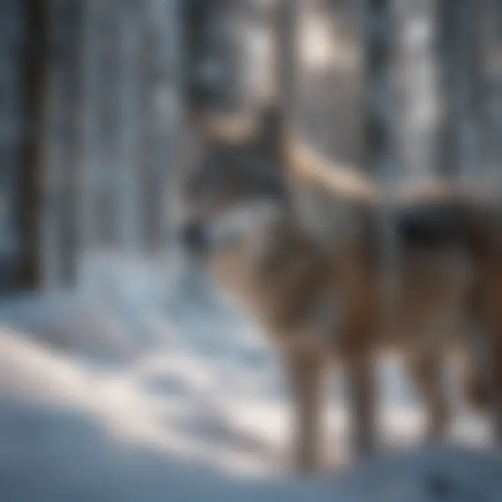 Wolves hunting in snowy terrain