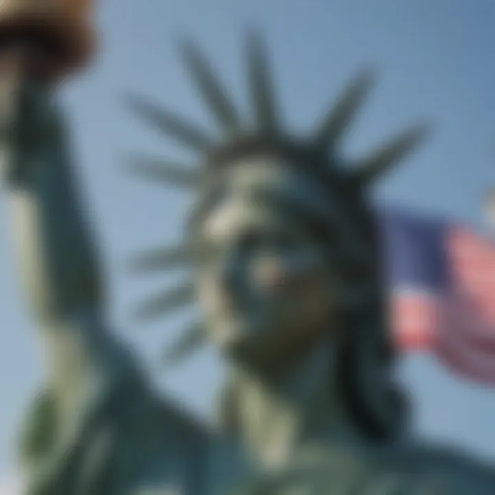 Statue of Liberty with American flag waving in the background