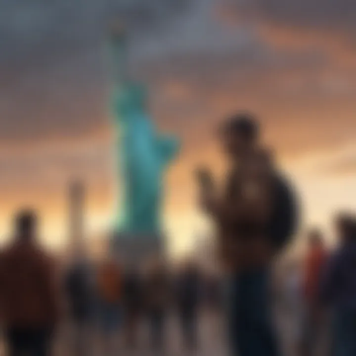 An educational tour group in front of the Statue of Liberty, engaging with a guide.