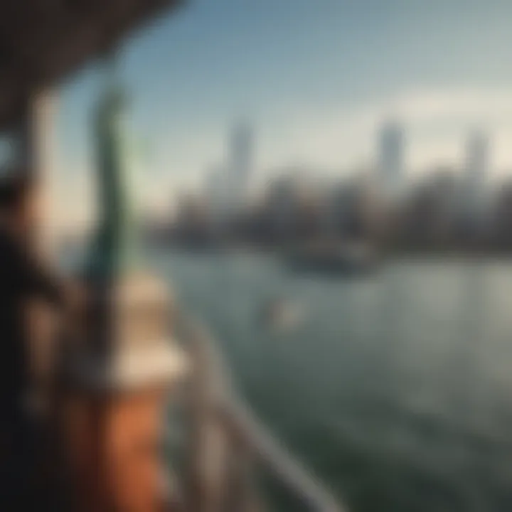 Visitors admiring the Statue of Liberty from the ferry, with Manhattan skyline in the background.