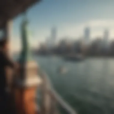 Ferry View of Liberty and Manhattan Visitors admiring the Statue of Liberty from the ferry, with Manhattan skyline in the background.