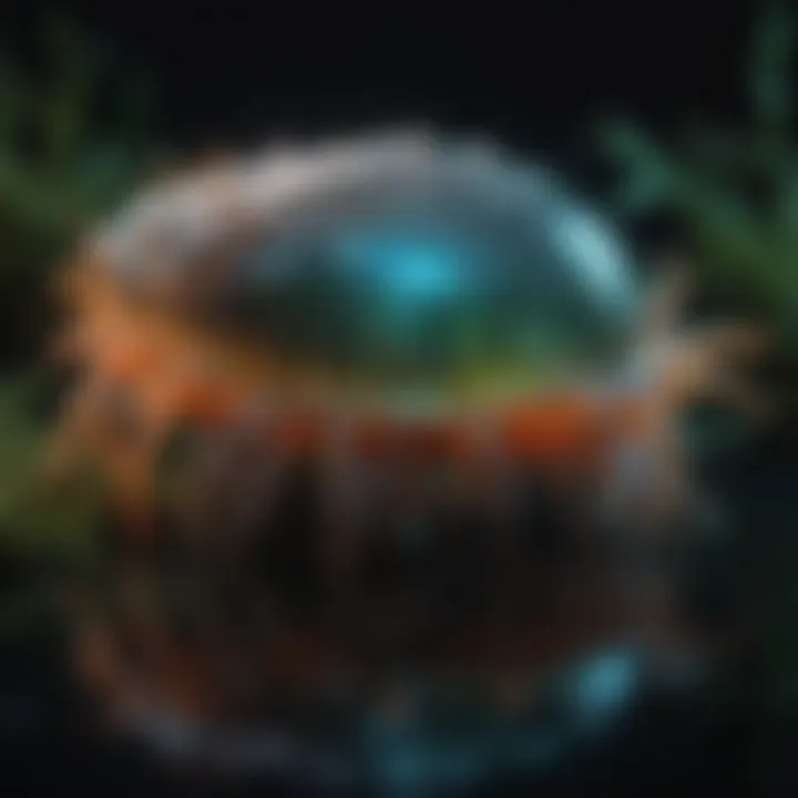 A close-up of a bioluminescent organism glowing in the dark