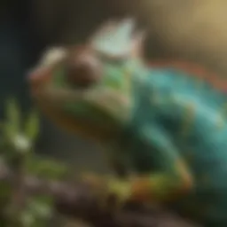 A chameleon changing colors to blend into its surroundings