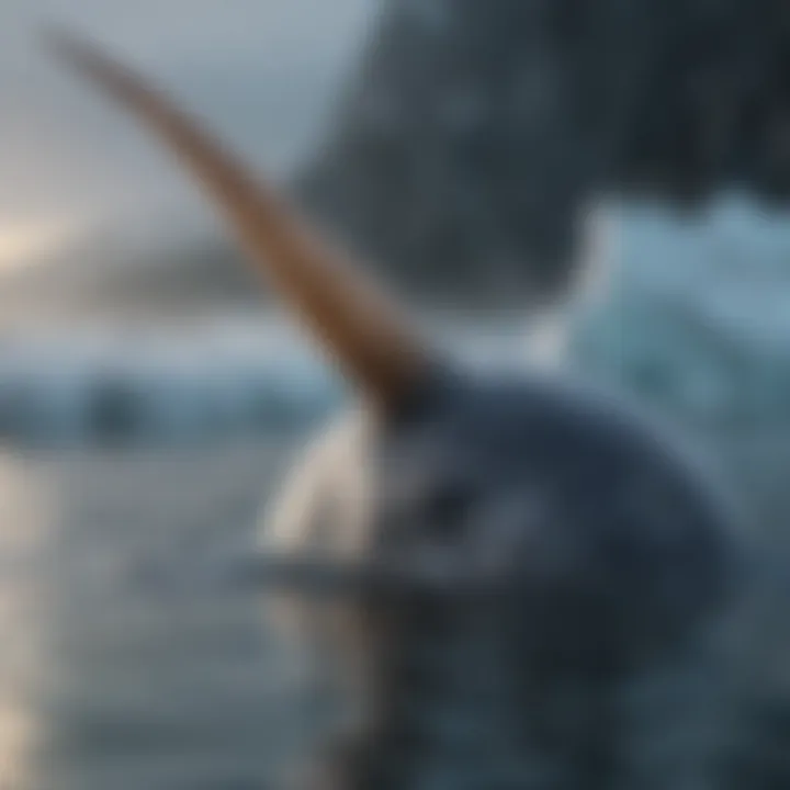 A narwhal showcasing its long tusk in icy waters