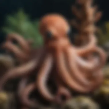 An octopus using camouflage to hide among coral reefs