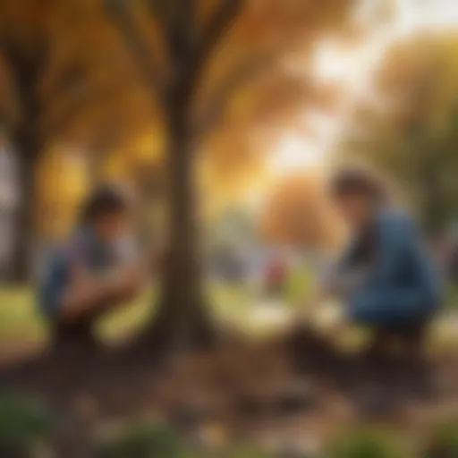 Colorful illustration of children planting trees in a park.