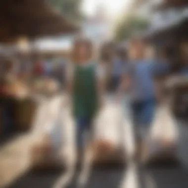 Creative depiction of kids using reusable bags at a market.
