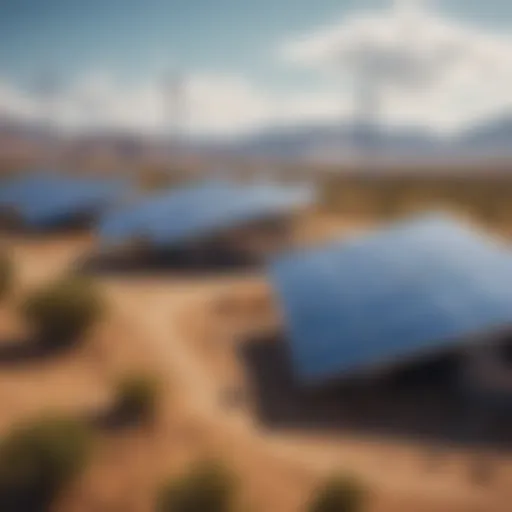 A futuristic renewable energy landscape featuring solar panels and wind turbines.