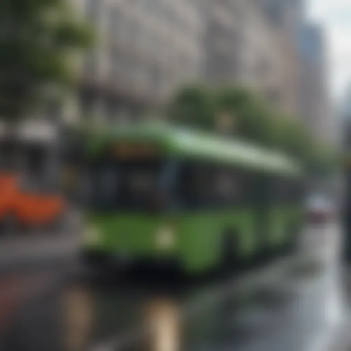 A vibrant urban area with electric vehicles and green public transport systems.
