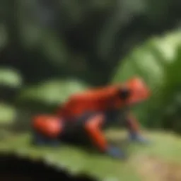 Strawberry Poison Dart Frog perched on a vibrant leaf