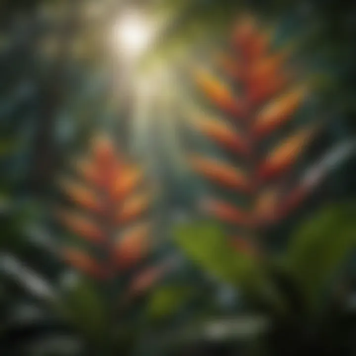 Sunlight filtering through the canopy onto a cluster of colorful Heliconia flowers