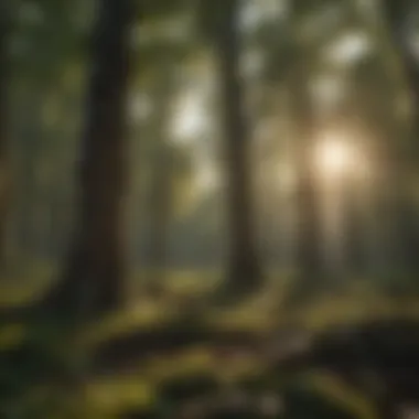 Sunlight filtering through a dense forest canopy