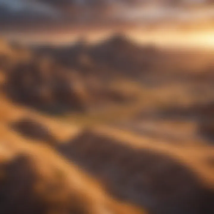 Sunset casting a golden glow over the Badlands