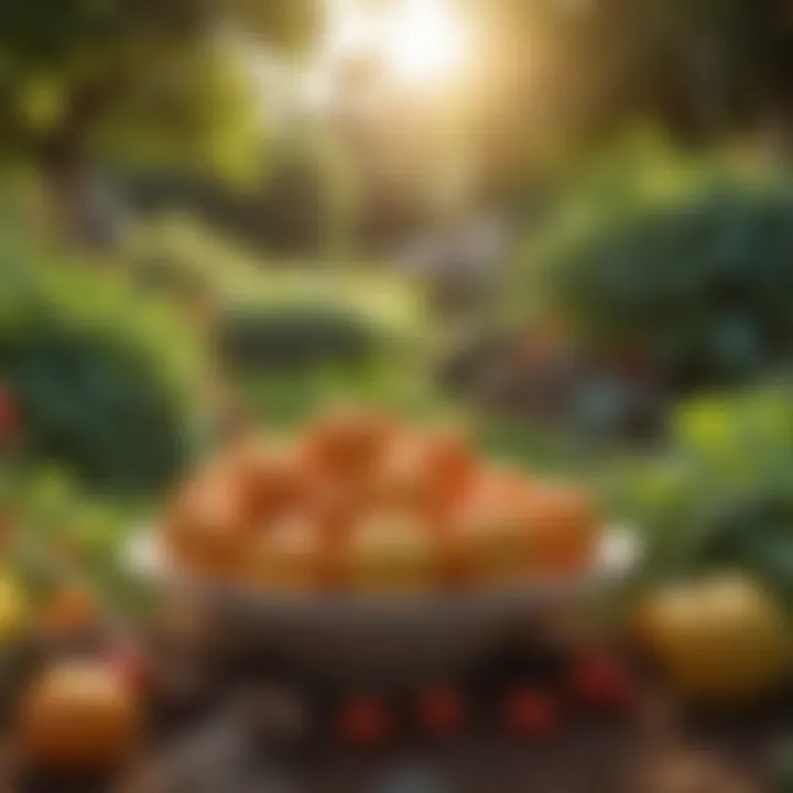 Sunset casting a warm glow over a lush fruit and vegetable garden