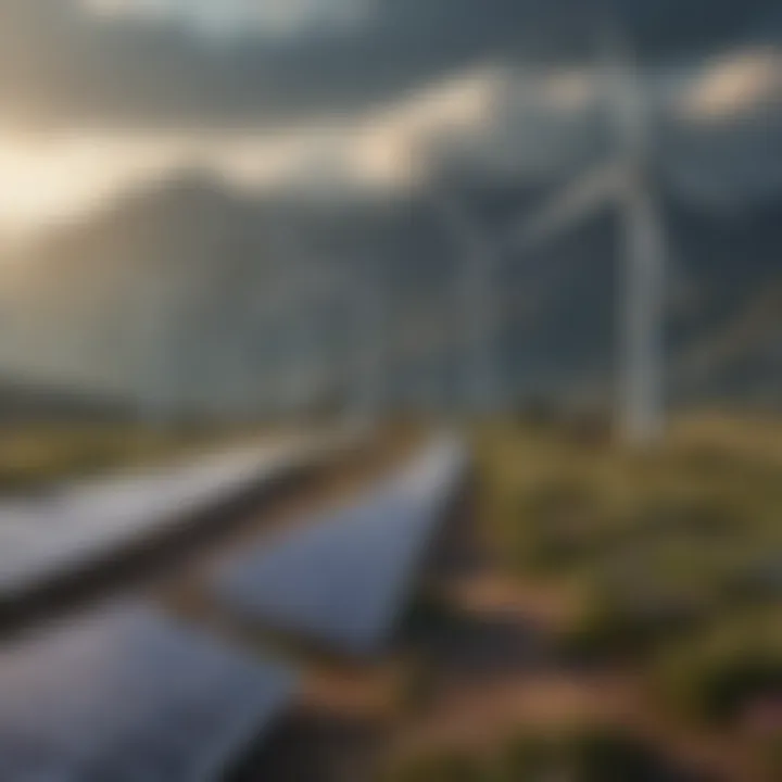 Illustration depicting sustainable energy solutions like solar panels and wind turbines