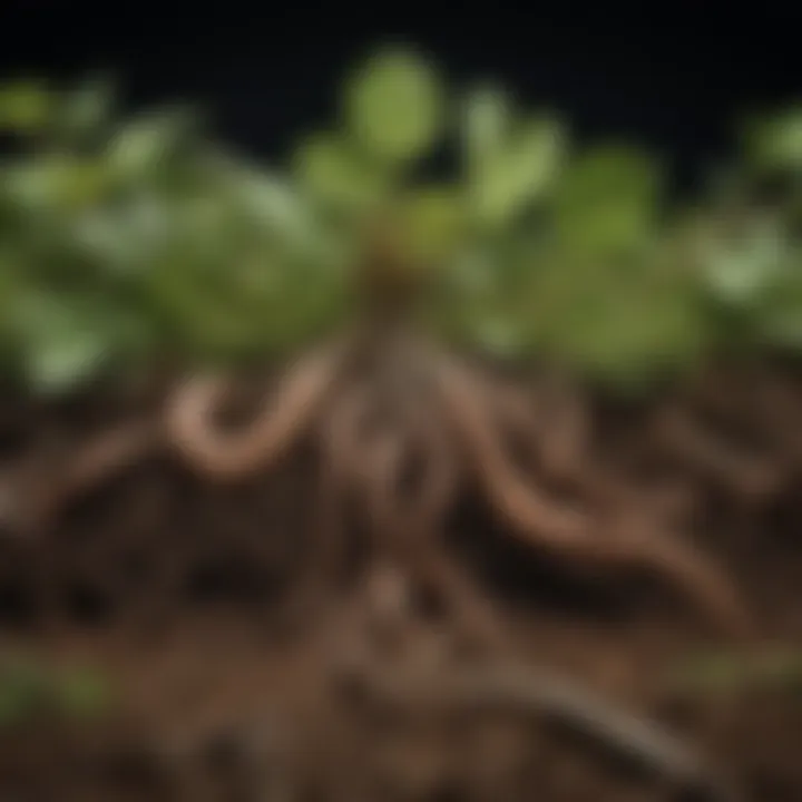 Illustration of symbiotic relationship between worms and plant roots