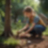 A young child planting a tree in a garden