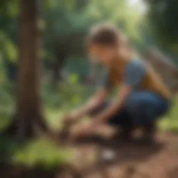 A young child planting a tree in a garden