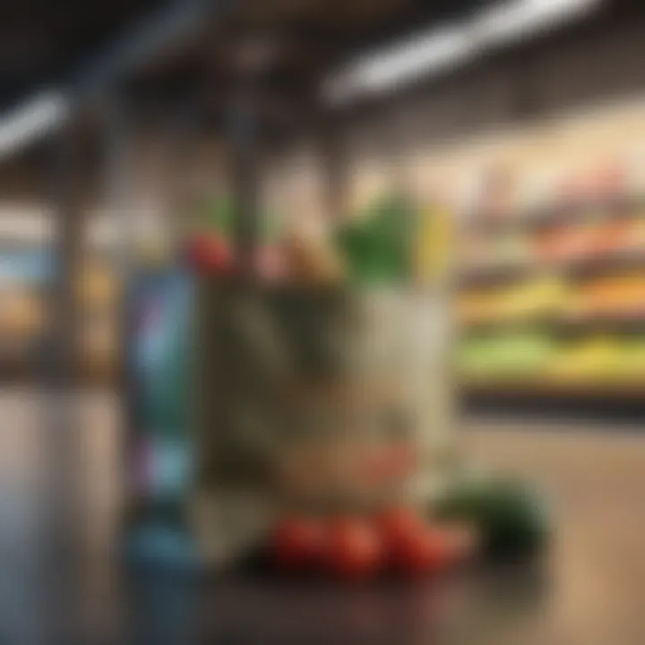 Sustainable Shopping Choices A colorful reusable bag filled with fresh groceries