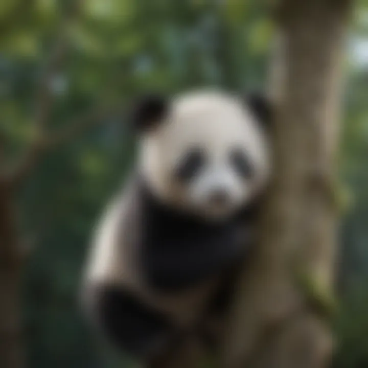 A baby panda climbing a tree in its natural habitat
