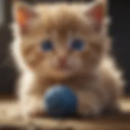 A fluffy kitten with bright blue eyes playing with a ball of yarn