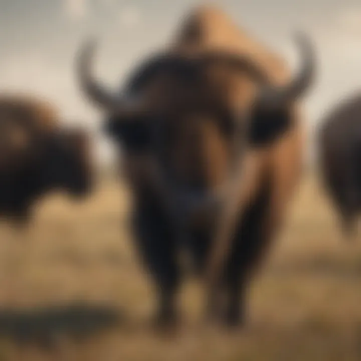 An American buffalo herd grazing on grasslands.