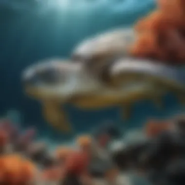 A vibrant coral reef showcasing marine biodiversity with a sea turtle