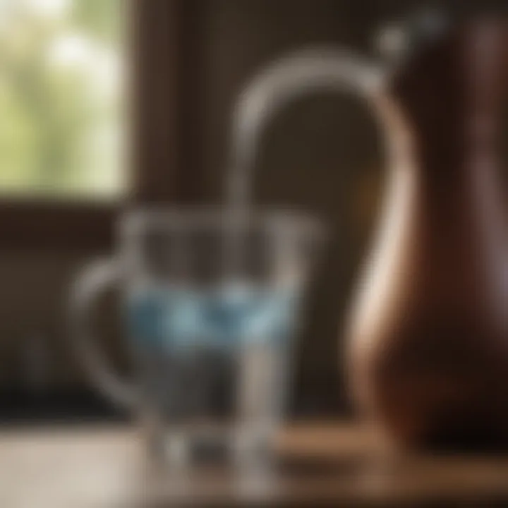 Close-up of a pitcher filter with clear water being poured.