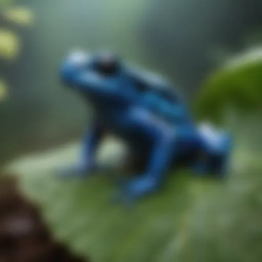 Vibrant blue poison dart frog perched on a leaf