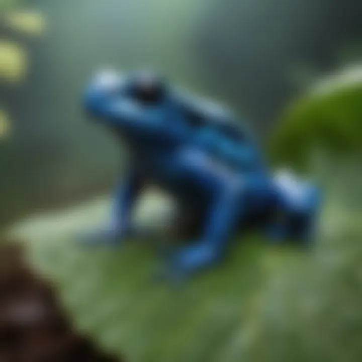 Vibrant blue poison dart frog perched on a leaf