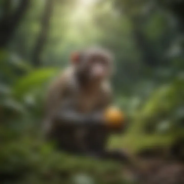 A monkey foraging in a lush environment, showcasing natural feeding behavior