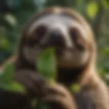 A sloth munching on vibrant green leaves