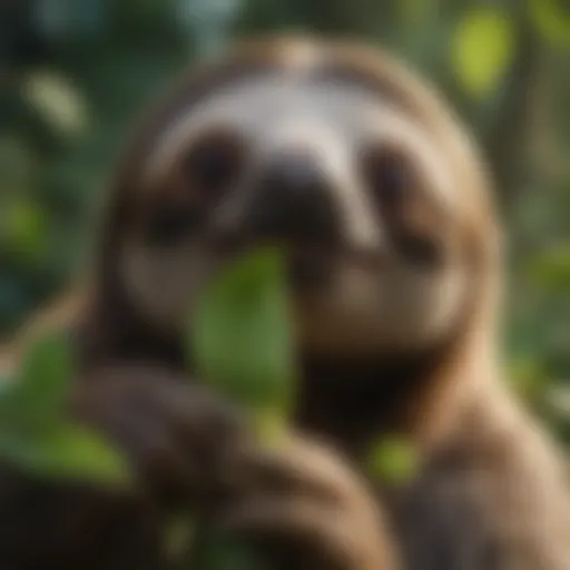 A sloth munching on vibrant green leaves