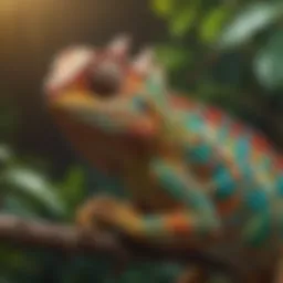 A vibrant chameleon blending into a colorful digital backdrop