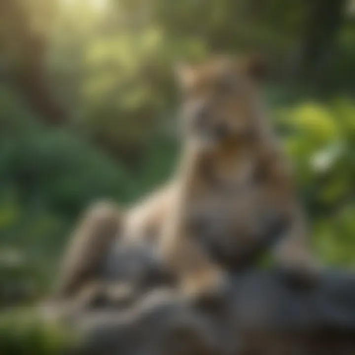 A Solitary Leopard in Its Natural Habitat A solitary leopard resting on a rock in a lush green habitat.