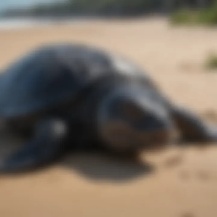 A leatherback turtle nesting on a sandy beach
