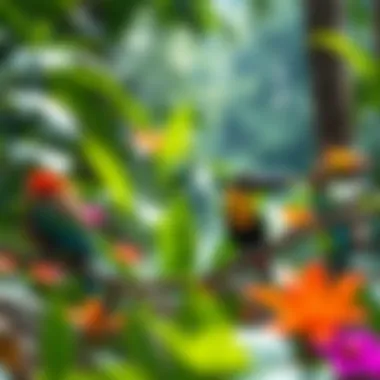 A colorful array of rainforest flora and fauna
