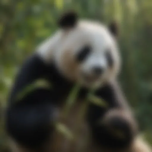Giant panda munching on bamboo in a lush forest setting