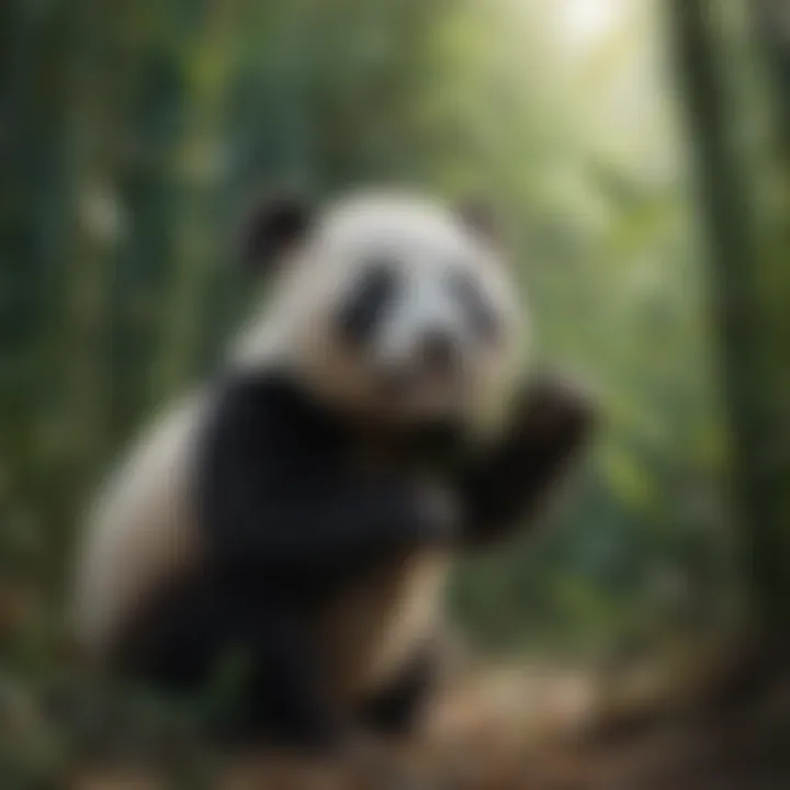 A panda cub playing among bamboo stalks in a natural habitat