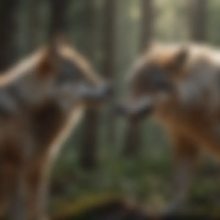 Wolves communicating through body language and vocalizations.