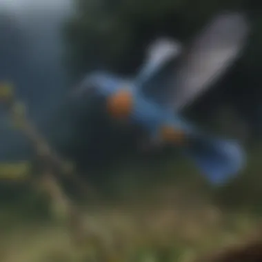 Graceful Blue Bird in Flight A blue bird in flight over a serene landscape, capturing its grace and beauty