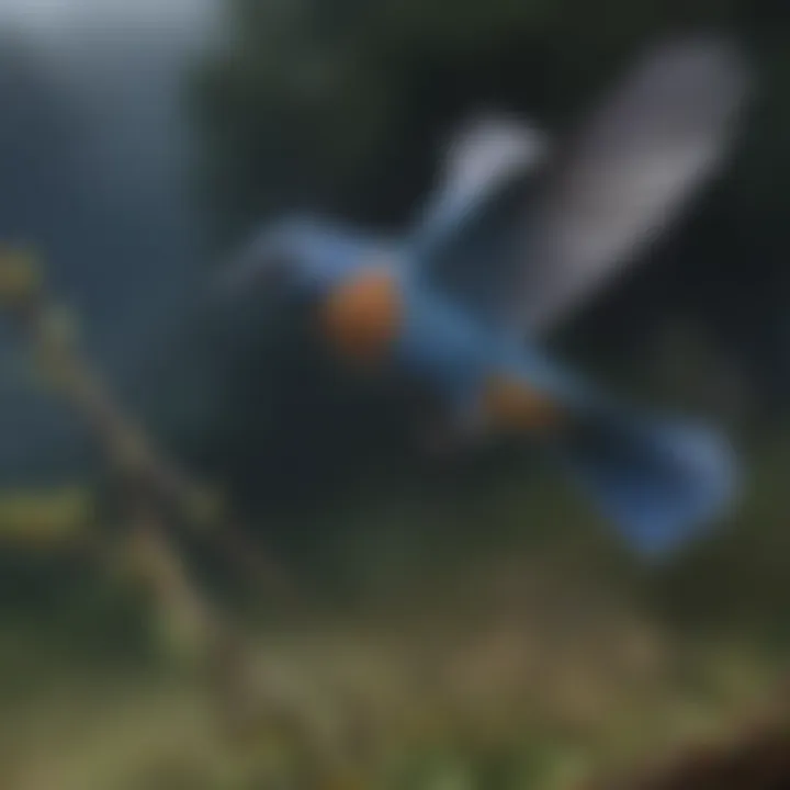 Graceful Blue Bird in Flight A blue bird in flight over a serene landscape, capturing its grace and beauty