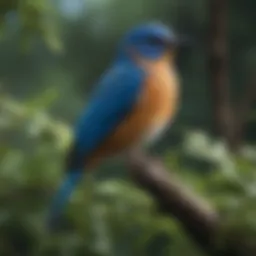 A vibrant blue bird perched on a branch surrounded by lush greenery