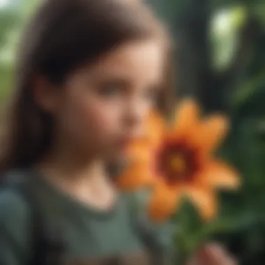 A child fascinated by a large, colorful flower with unusual traits.