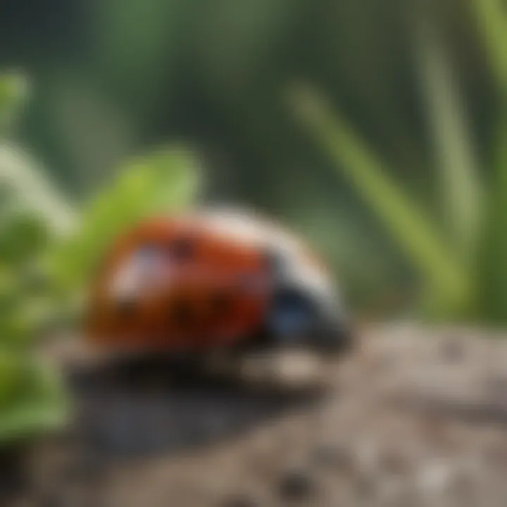 A ladybug in a garden, emphasizing its role in pest control