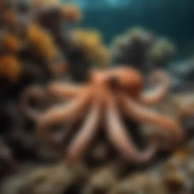 An octopus camouflaged against its surroundings in a coral reef.