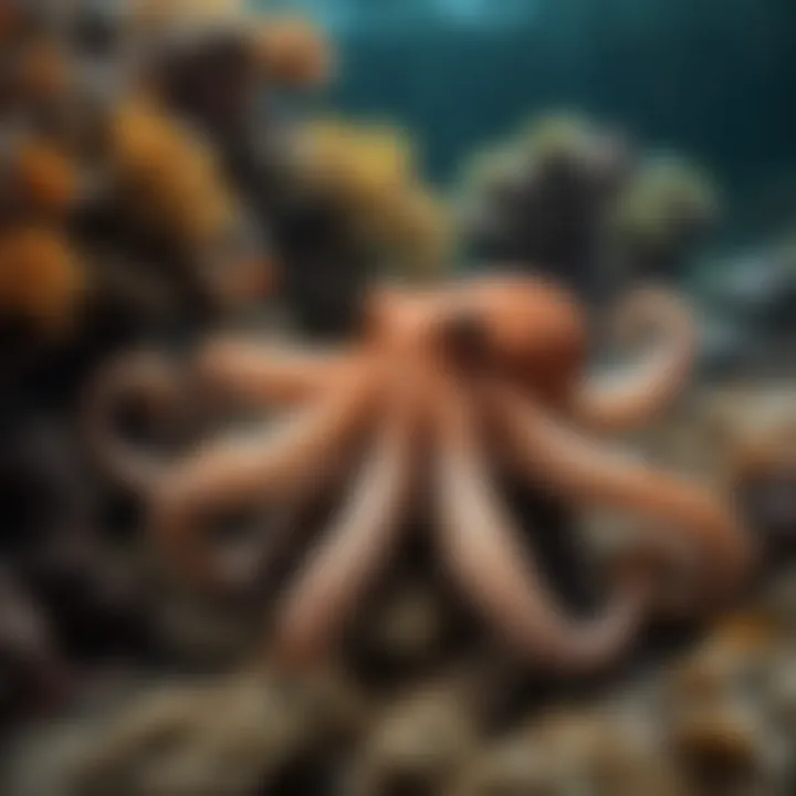 An octopus camouflaged against its surroundings in a coral reef.
