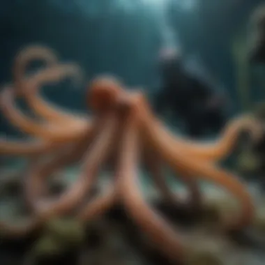 An octopus interacting with a diver in its natural habitat.