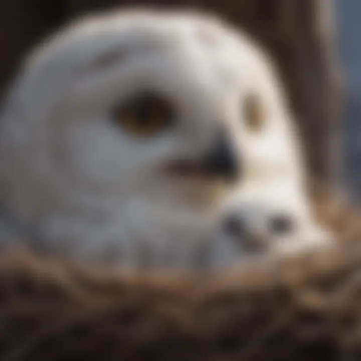 A snowy owl chick in a nest, illustrating the breeding process